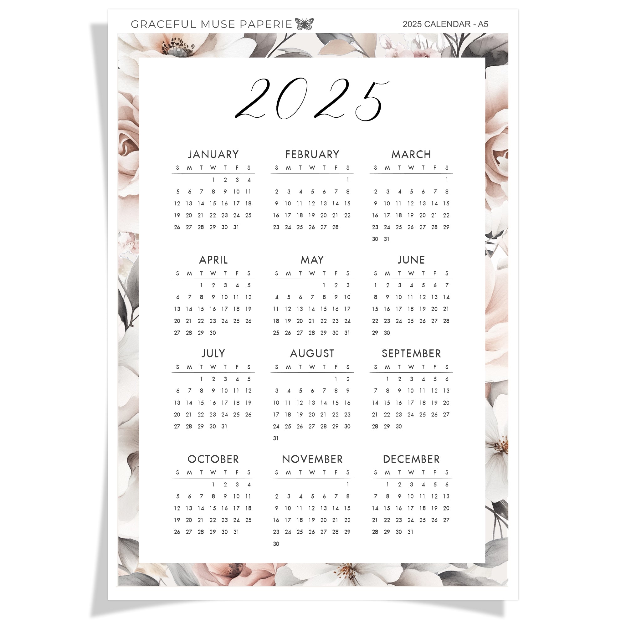 2025 Calendar Insert Sticker | Floral