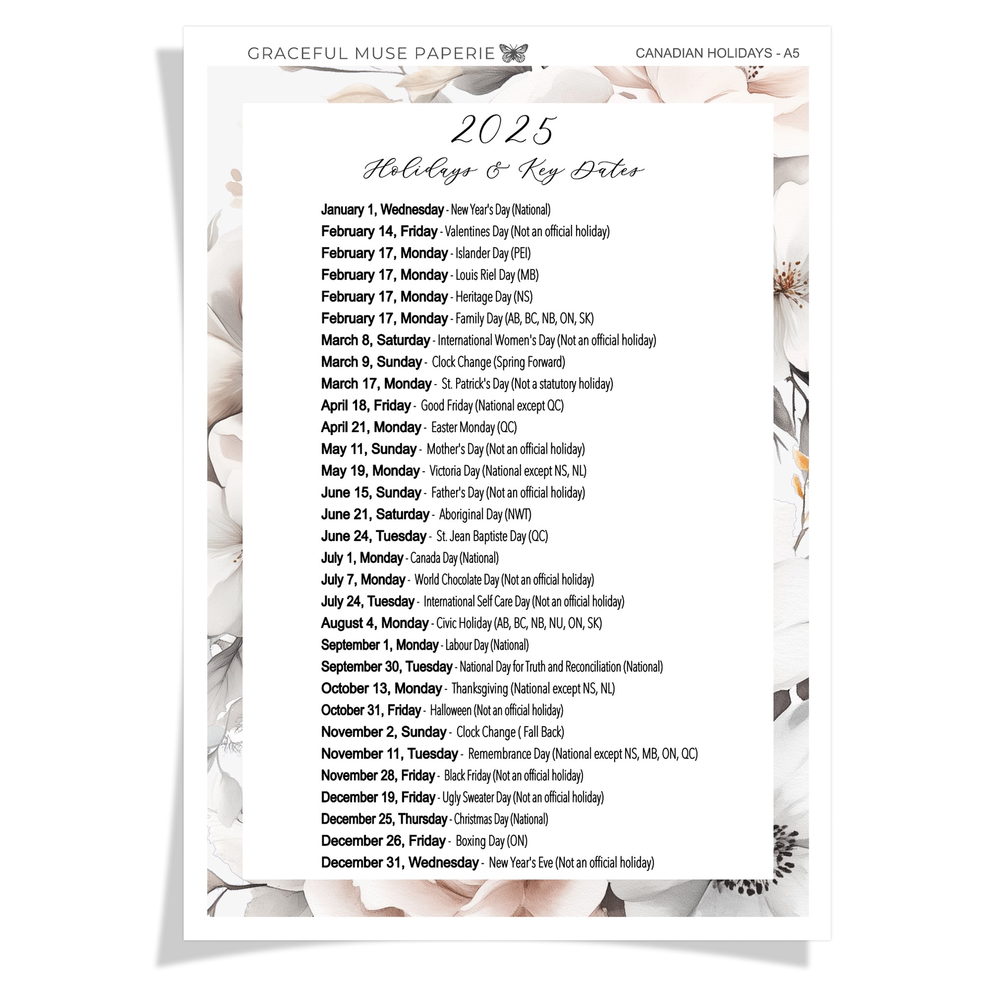 2025 Canadian Holidays Insert Sticker | Floral