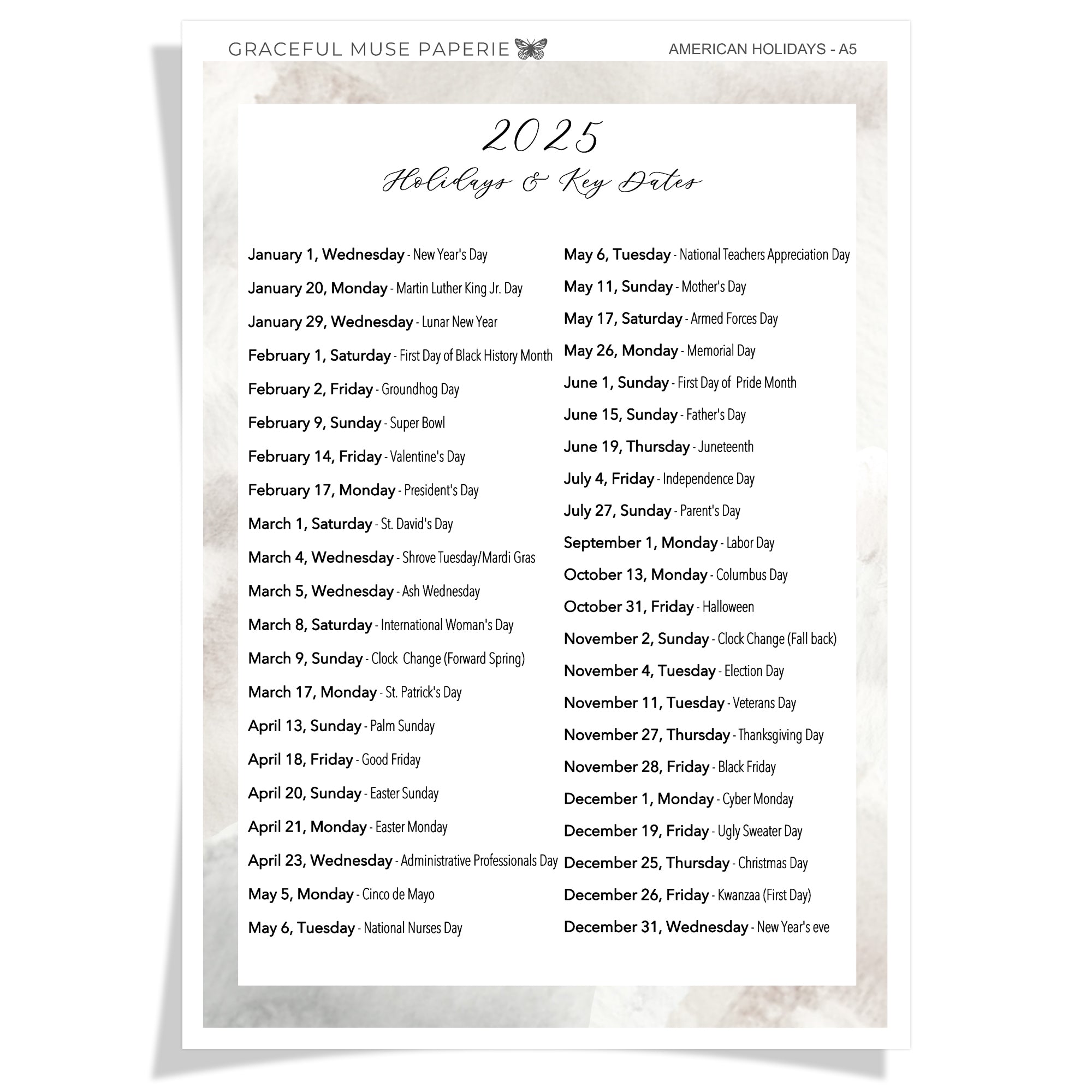2025 US Holidays Insert Sticker | Neutral