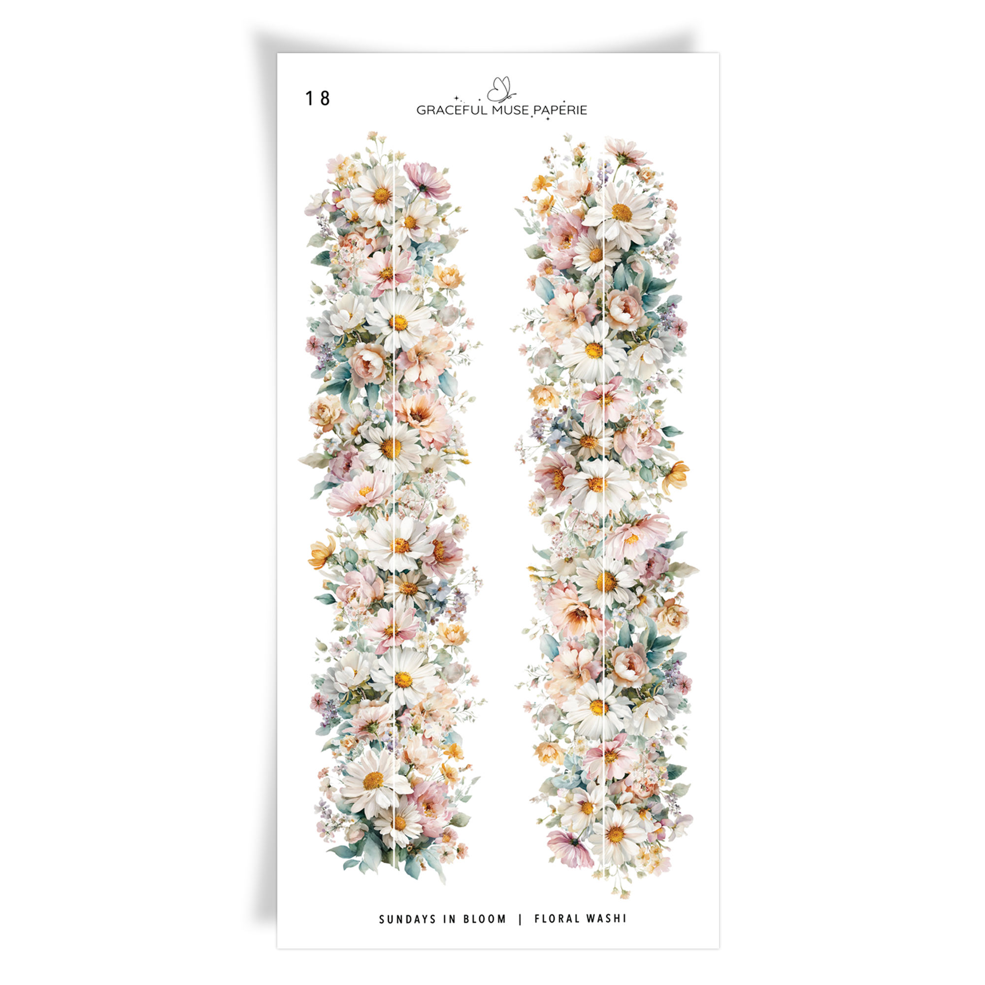 A sheet of floral washi tape featuring two horizontal strips of pastel watercolor flowers, including daisies, roses, and lavender