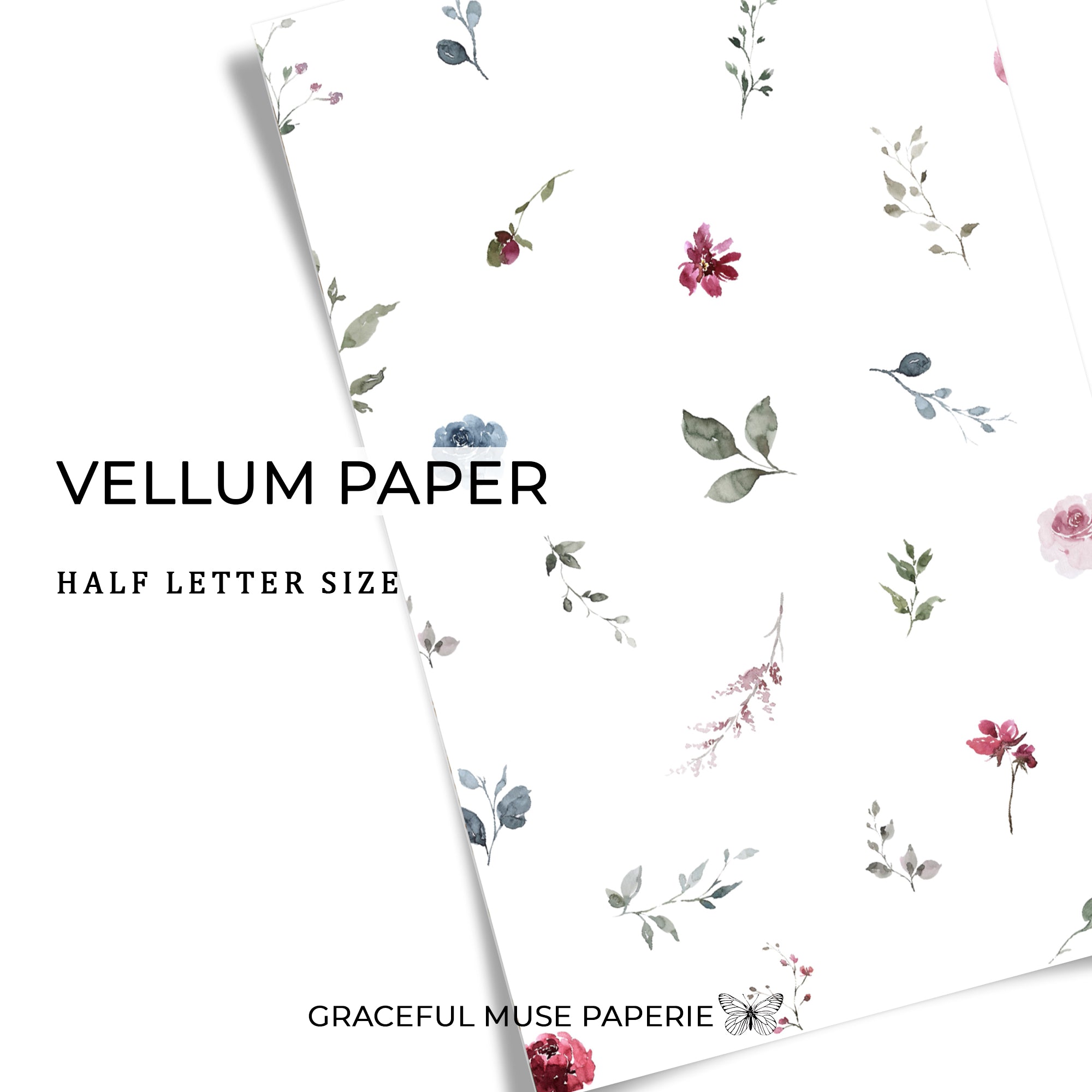 Premium Vellum paper with a floral pattern in merlot color, half letter size, for planner tipping.